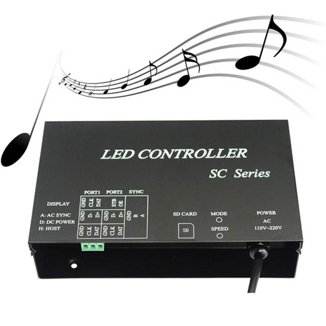 AC220V LED music controller,full color programmable,play effects with music,support DMX512,WS2812,etc.microphone&audio cable input,For Led strip light